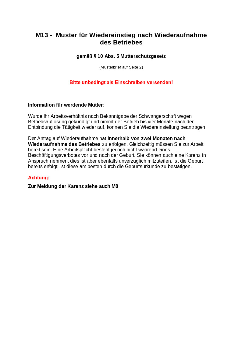 M13-  Muster für Wiedereinstieg bei Betriebsschließung
